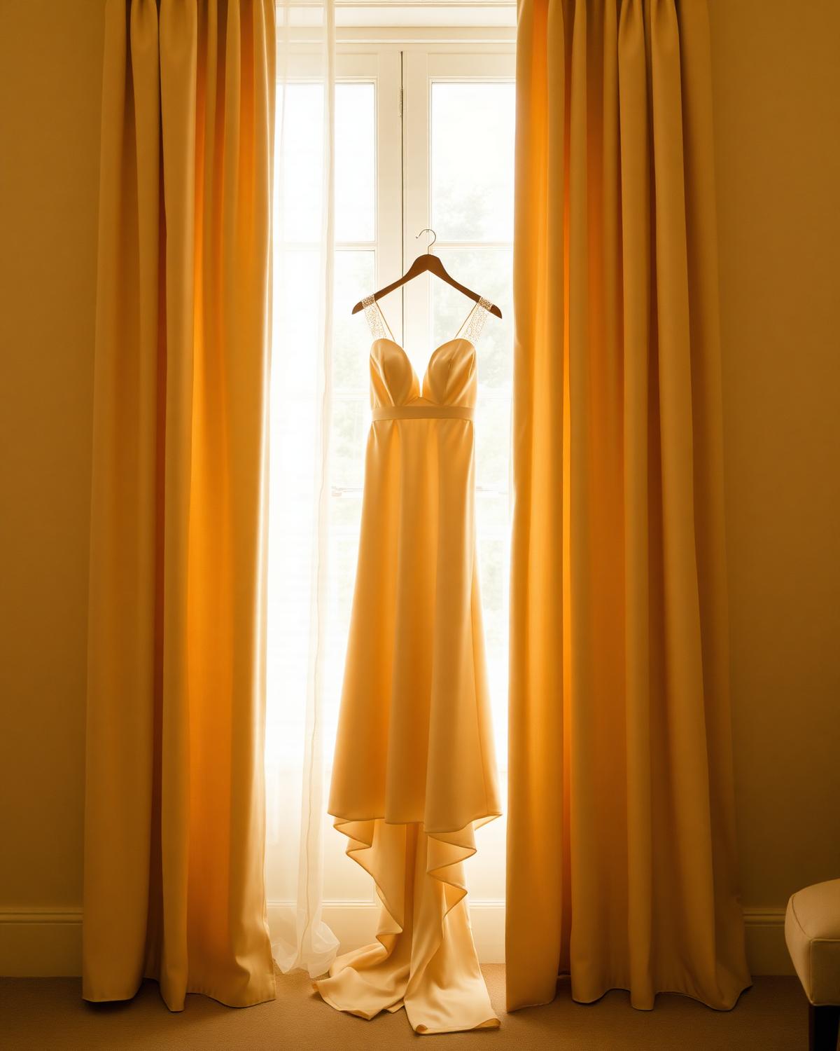 Wedding morning still life — silk gown by the window
